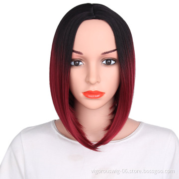 Vendor high quality premium wholesale Ombre red short straight wavy hair synthetic heat resistant wig lace front black women